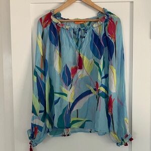 Oliphant Floral cotton/silk peasant smocked neck top w/ tassels size Medium